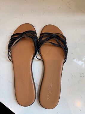 Madewell Black Multi-Strap Leather Slide Sandals with Tan Footbed